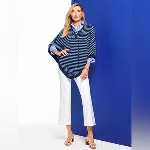 Talbots Blue White Lace Up Stripe Poncho NEW